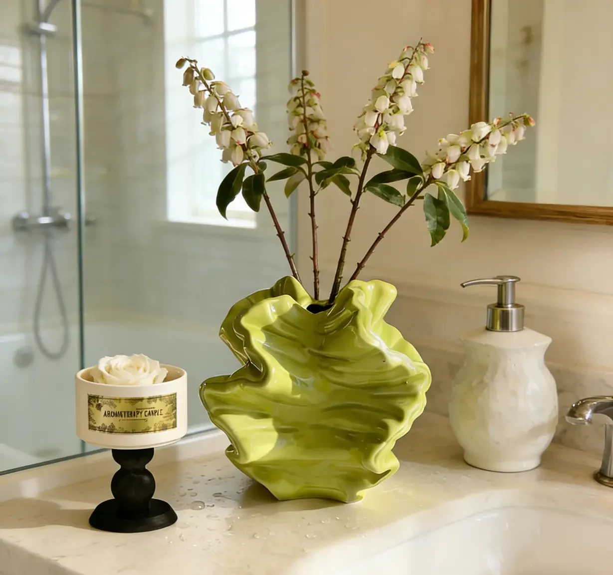 Wavy Green Ceramic Vase with white flowers