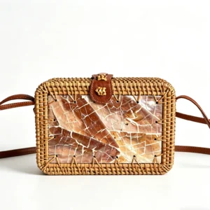 Marble Rectangular Handwoven Rattan Bag-front view