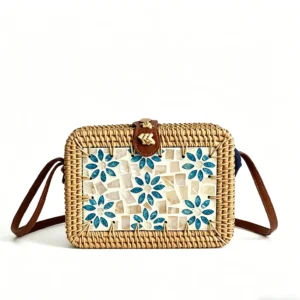 Blue flower Rectangular Handwoven Rattan Bag-front view