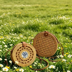 Handwoven Natural Rattan Round Crossbody Bag