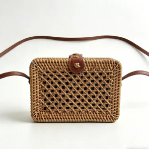 Mesh Rectangular Handwoven Rattan Bag-front view