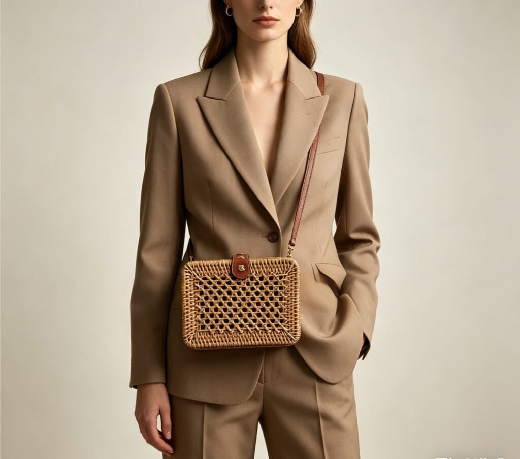 rectangular rattan mesh bag for retro look