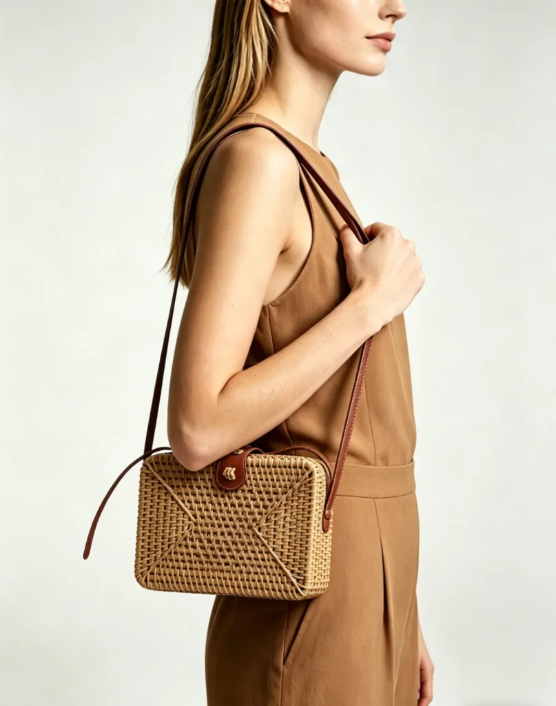 rattan bag for monochromatic outfit
