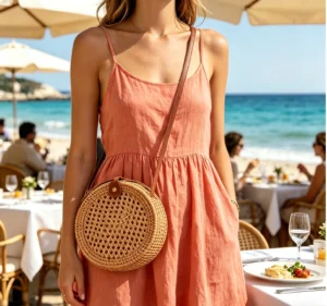 Handwoven Round Rattan Mesh Bag for summer outfit