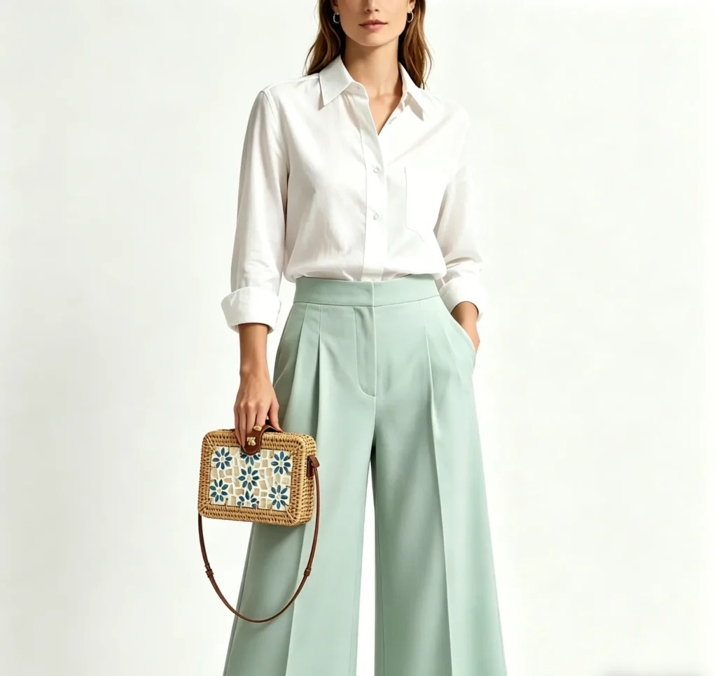 rectangular rattan flower bag styling with soft-mint outfit