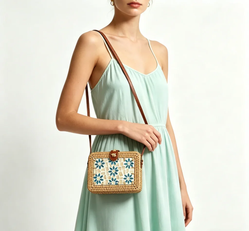 rectangular rattan flower bag for color blocking outfit