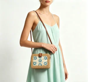 Handwoven Rectangular Rattan Blue Flower Bag styling with soft mint outfit