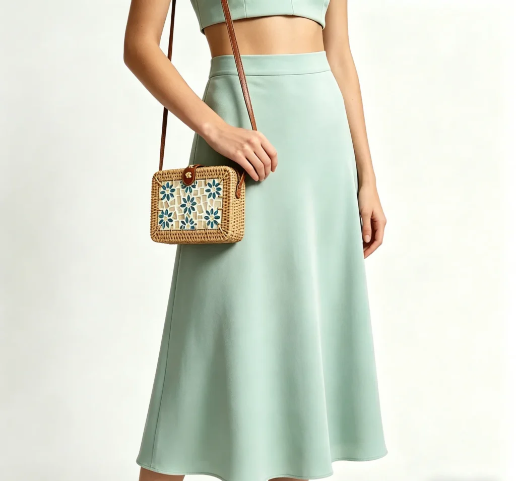 rattan bag for color blocking outfits