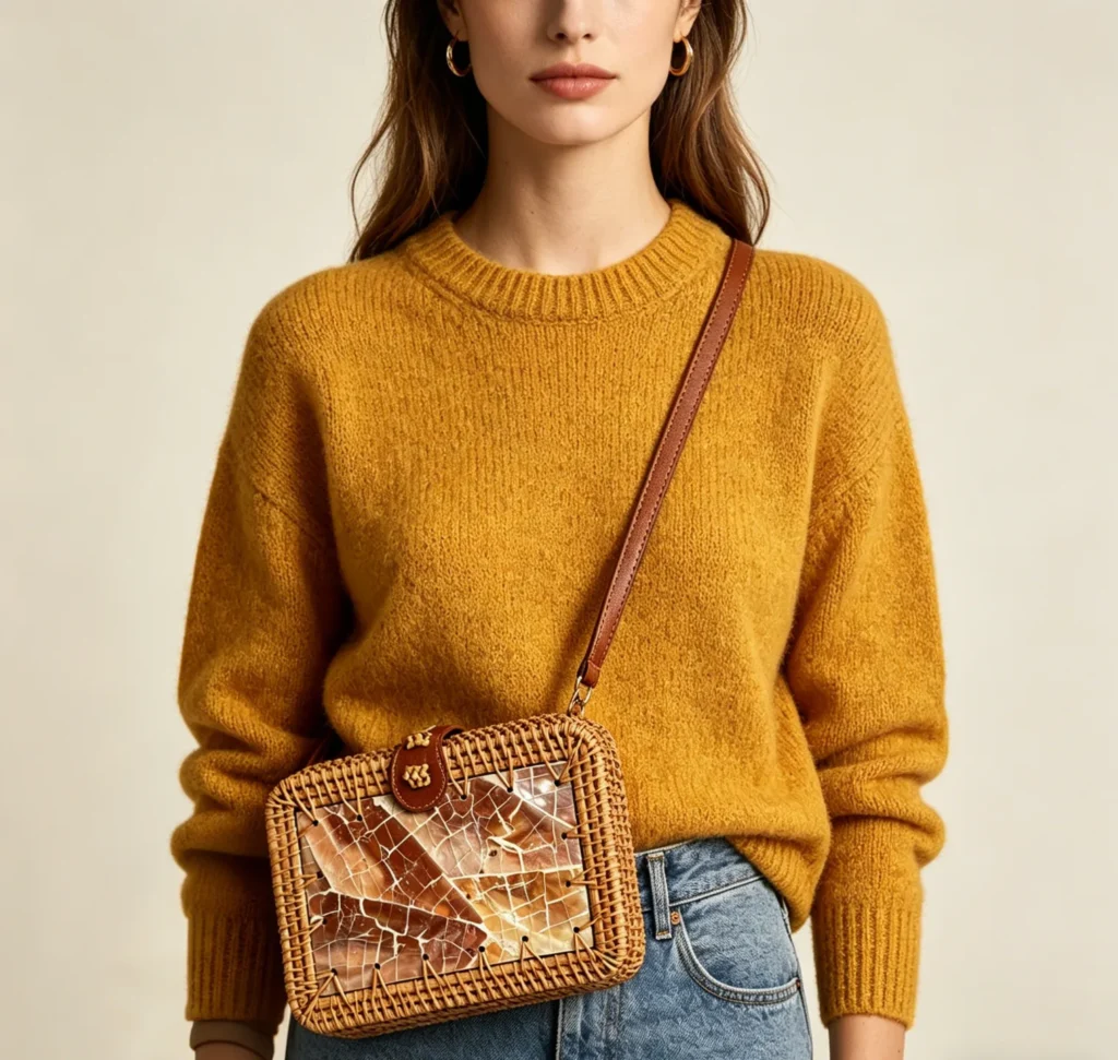rattan bag for color blocking outfit