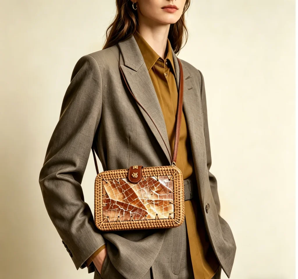 rectangular rattan shells bag for color blocking outfit