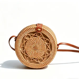 front view of Flower Round Handwoven Rattan Bag
