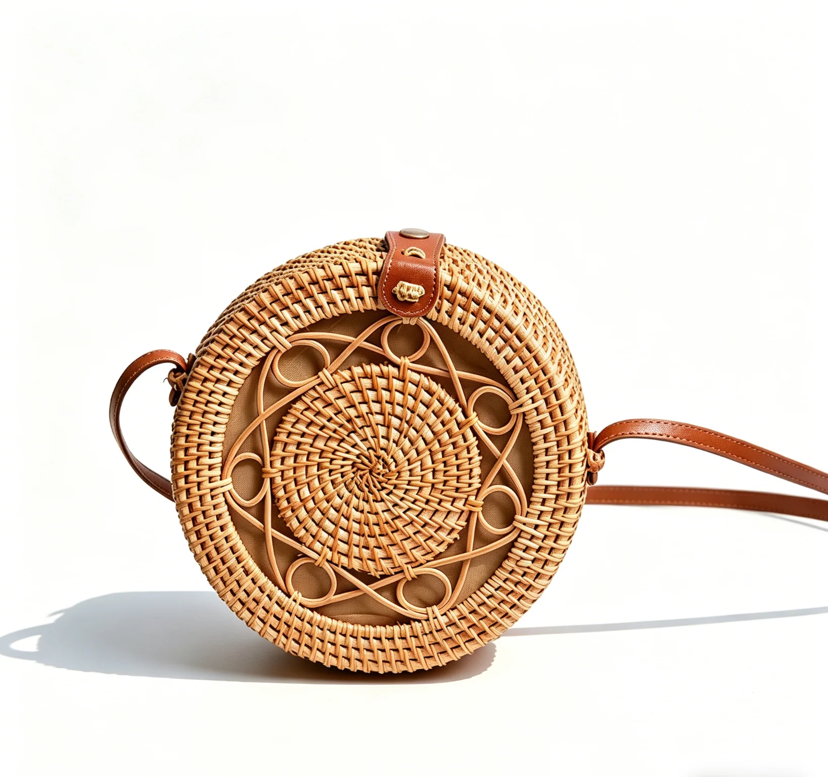 front view of Flower Round Handwoven Rattan Bag
