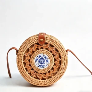 Pierced-Ceramic Round Handwoven Rattan Bag-front view