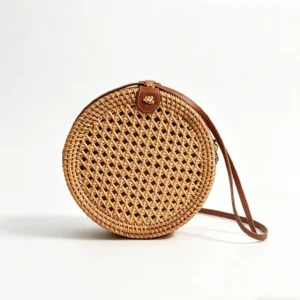 mesh round handwoven rattan bag-front view