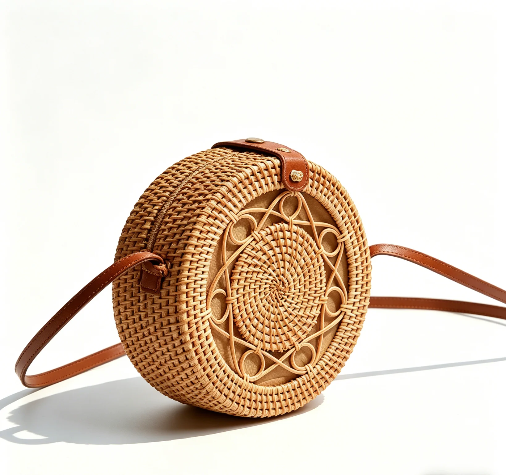 side view of Flower Round Handwoven Rattan Bag