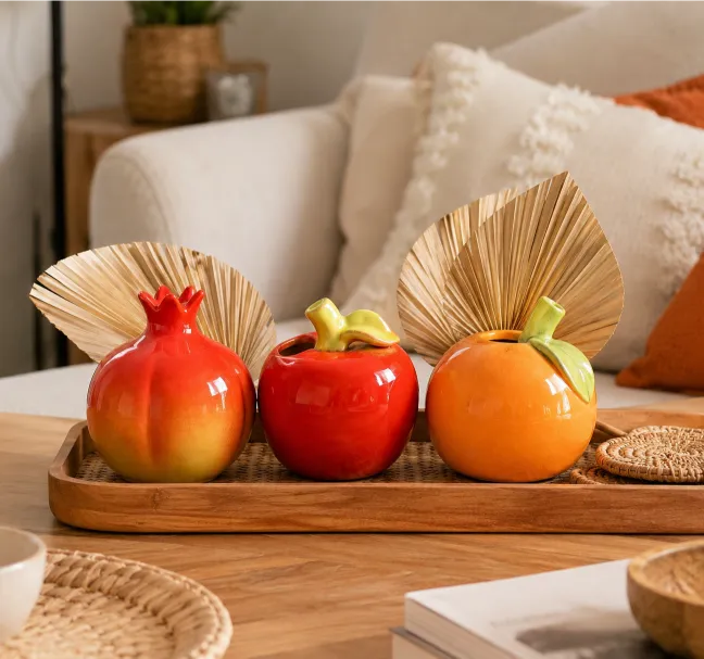 Fruit-shaped Vases matched with palm leaves for living room