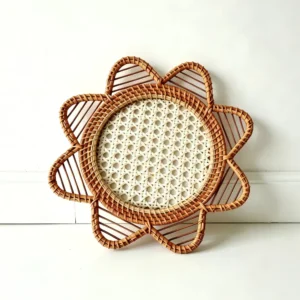front view of sunflower-shaped handwoven Rattan Wall Decor
