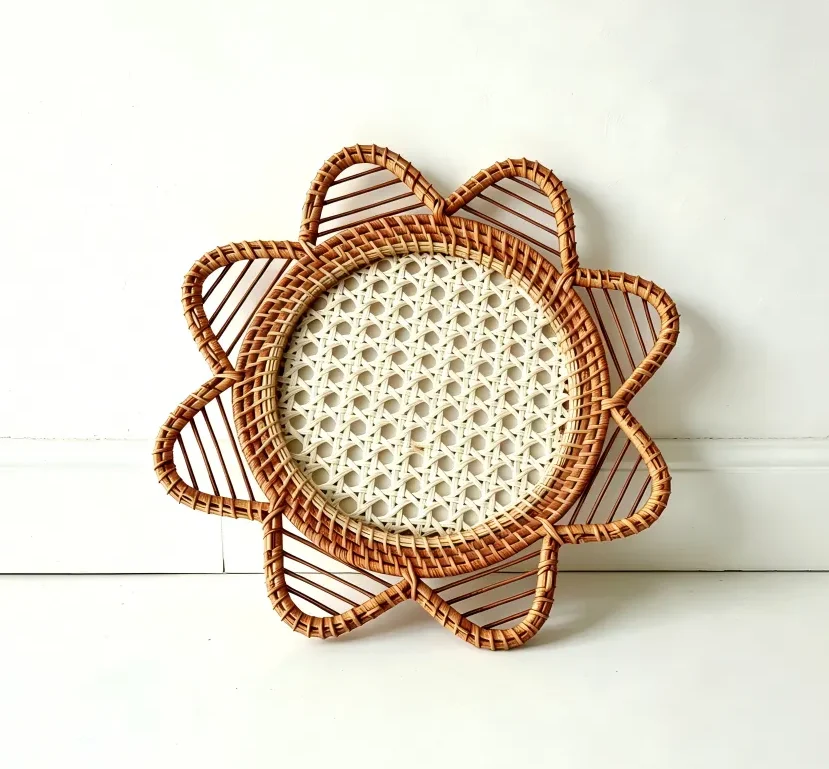 front view of sunflower-shaped handwoven Rattan Wall Decor
