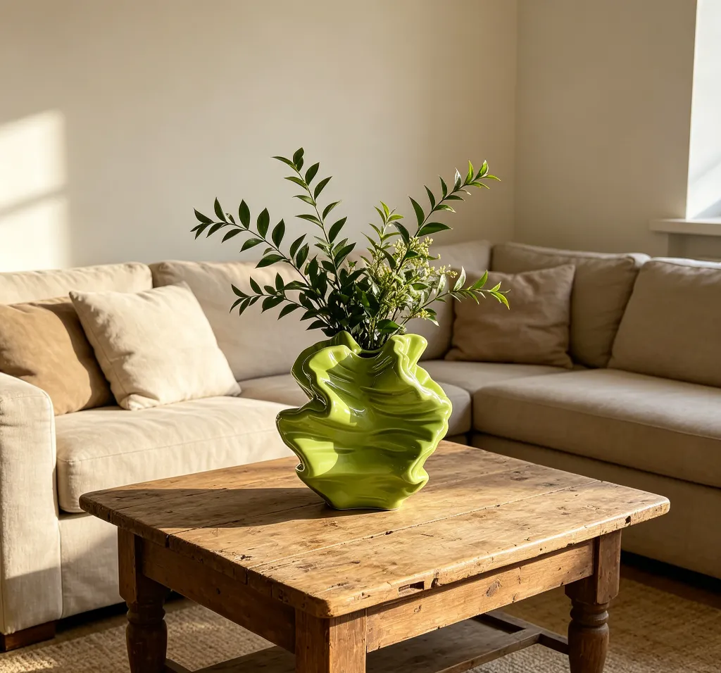 Wavy Green Ceramic Vase with plants on the table