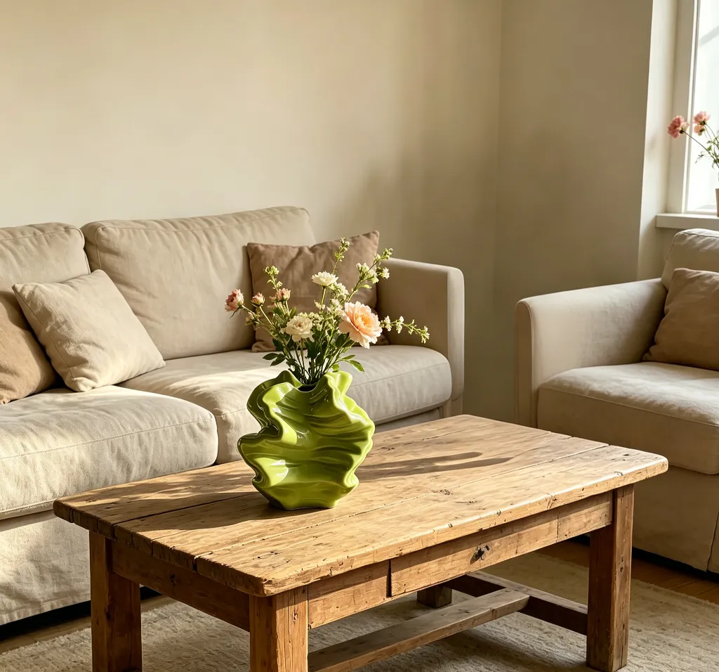 Wavy Green Ceramic Vase with flowers in the living room