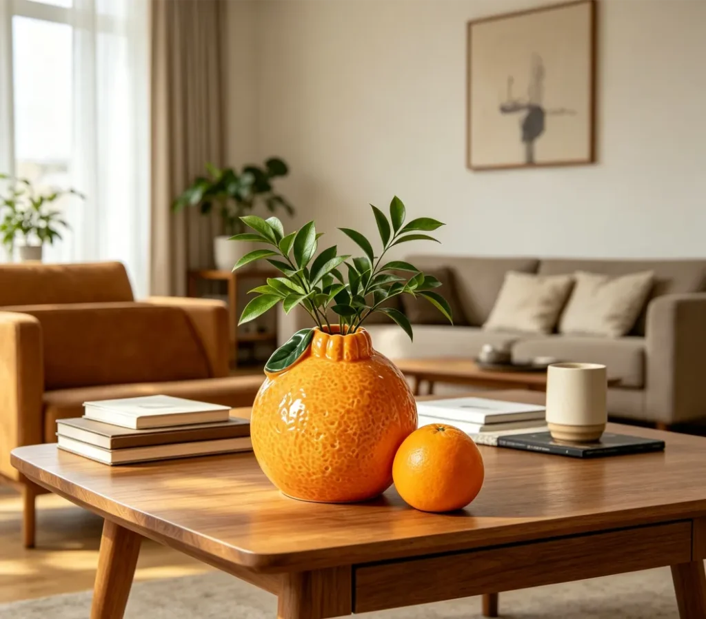 orange-shaped vase on the table in the kitchen