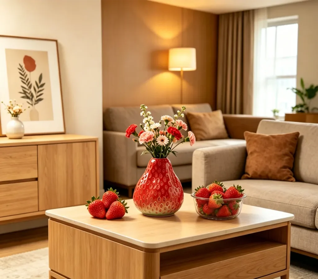 strawberry-shaped vase on the table in the living room